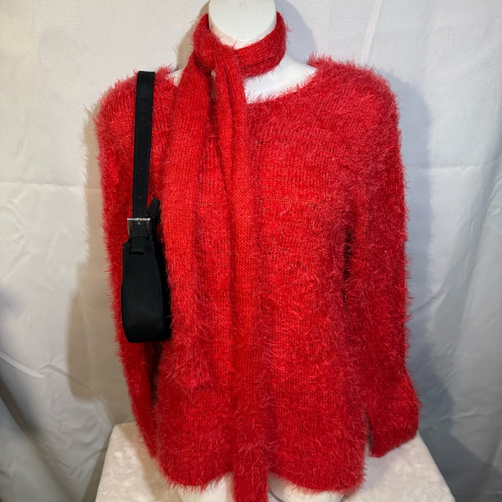 JK Khaki Y2K Red Fuzzy Eyelash Knit Sweater w/ Scarf XL